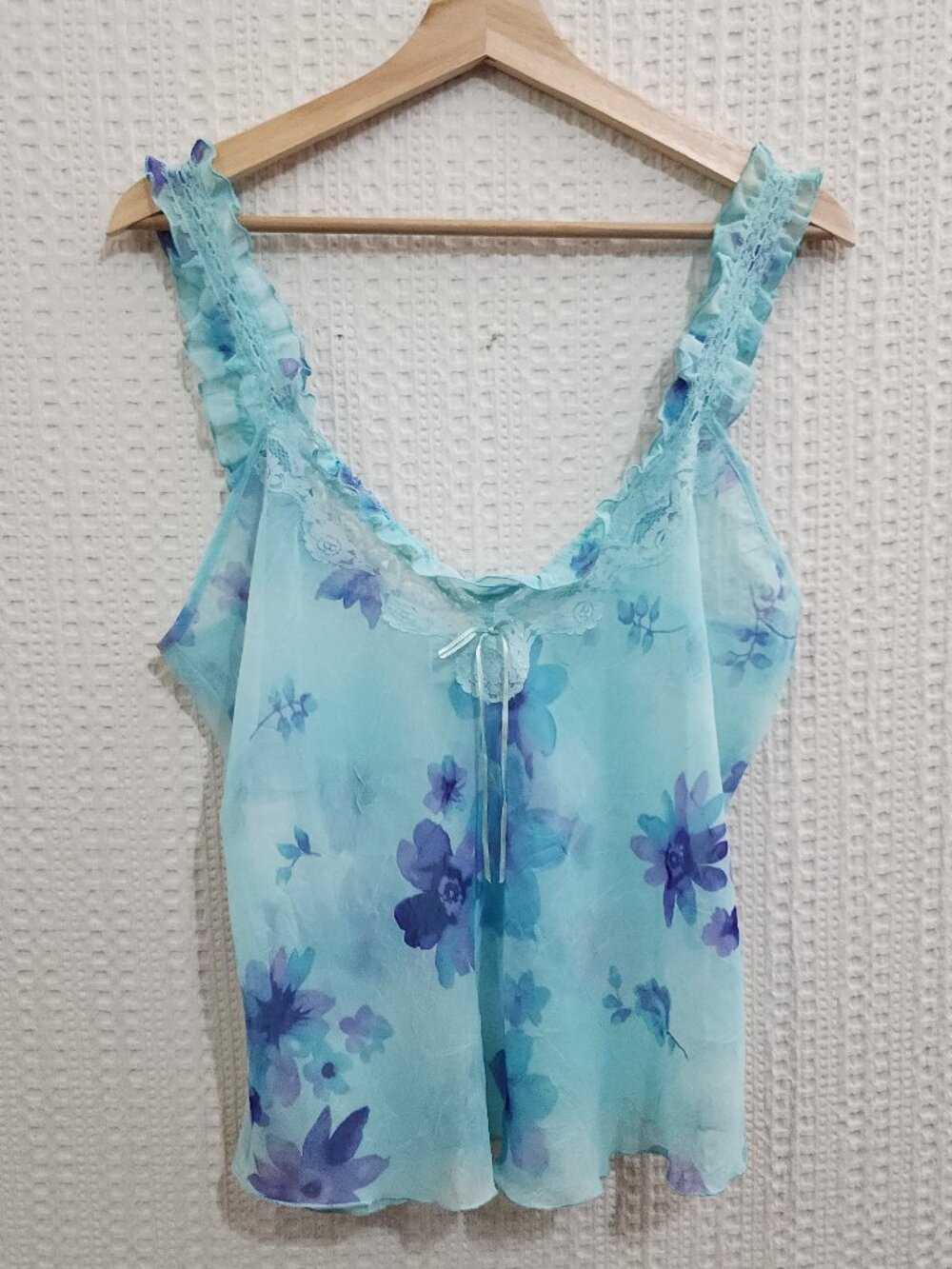 Private Luxuries Y2K Sheer Fairy Floral Lace Trim Crop Tank Aqua Blue Size Large - Picture 2 of 15